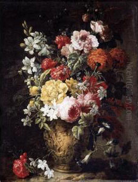 Still Life Of Flowers In A Carved Stone Vase Oil Painting by Gaspar-pieter The Younger Verbruggen