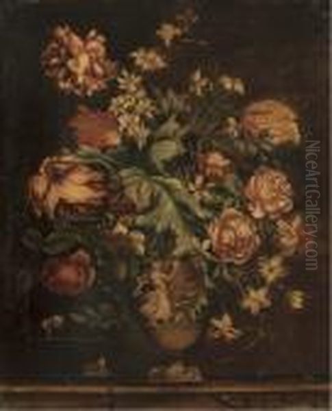 Parrot Tulips, Roses, Narcissi And Other Flowers In Sculptedurn Oil Painting by Gaspar-pieter The Younger Verbruggen