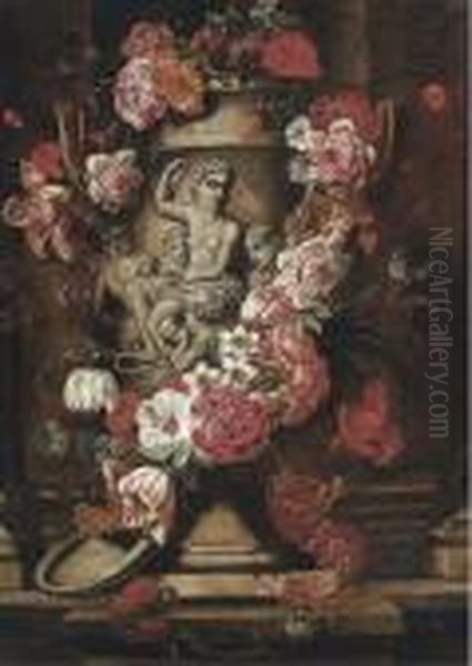 Roses, Parrot Tulips, Morning 
Glory, Carnations And Other Flowersin A Sculpted Stone Vase On A Ledge Oil Painting by Gaspar-pieter The Younger Verbruggen