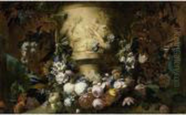 A Garland Of Roses, Tulips, 
Daffodils, Forget-me-nots, Chrysanths, Carnations, Snowballs, Lilies, 
Small Morning Glory, Opium Poppies, Elder And Other Flowers Surrounding A
 Sculpted Marble Vase Showing A Bacchanalian Scene With A Satyr, A View 
Of A Oil Painting by Gaspar-pieter The Younger Verbruggen