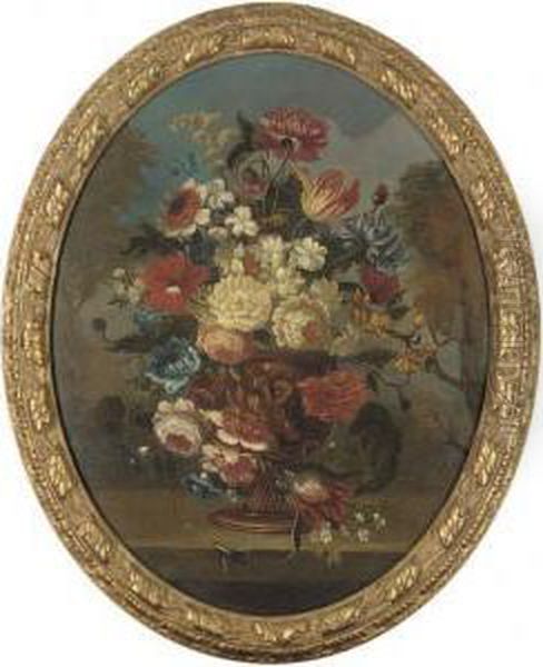 Ro Ses, Parrot Tulips, 
Chrysanthemums And Other Flowers In Asculpted Urn On A Ledge; And Parrot
 Tulips, Roses, Poppies,hydrangeas And Other Flowers In A Sculpted Urn 
On A Ledge Oil Painting by Gaspar-pieter The Younger Verbruggen