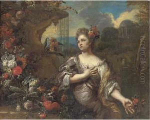 A Portrait Of A Lady, 
Three-quarter-length, With A Flower In Herleft Hand, A Garland Of 
Flowers To Her Right And A Classicallandscape Beyond Oil Painting by Gaspar-pieter The Younger Verbruggen