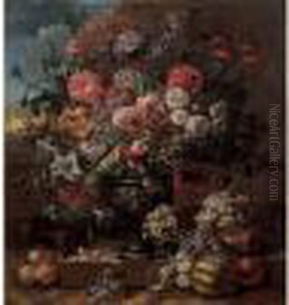 Vase De Fleurs Et Fruits Disposes Sur Une Margelle Oil Painting by Gaspar-pieter The Younger Verbruggen