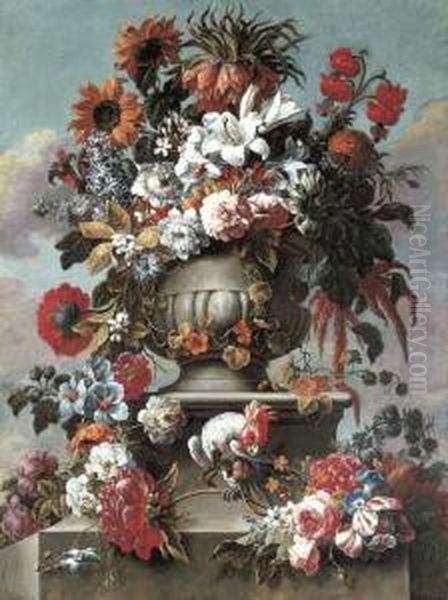 Lillies, Peonies, Sunflowers, 
Foxglove And Other Flowers In An Urnwith A Cockatoo On A Stone Ledge Oil Painting by Gaspar-pieter The Younger Verbruggen