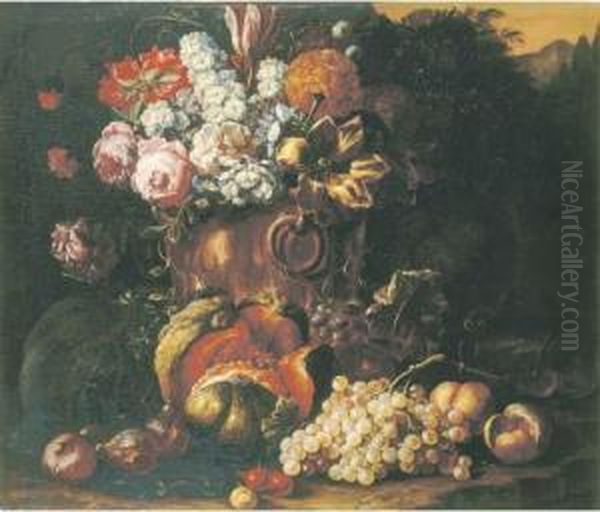 A Still Life Of Flowers In A 
Bronze Vase, With A Melon, Grapes,peaches And Other Fruit On A Forest 
Floor Oil Painting by Gaspar-pieter The Younger Verbruggen