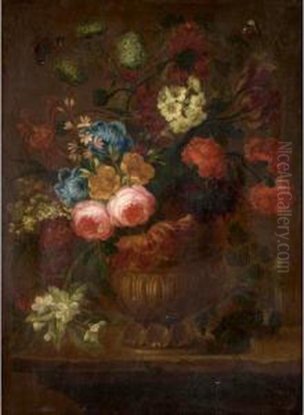 A Still Life Of Various Flowers In A Stone Vase Resting On A Ledge Oil Painting by Gaspar-pieter The Younger Verbruggen