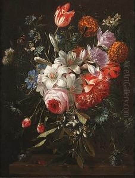 Lilies, Tulips, Chrysanthemums, 
Thistles And Other Flowers In A Glass Vase With A Butterfly And A Beetle
 On A Ledge Oil Painting by Gaspar-pieter The Younger Verbruggen