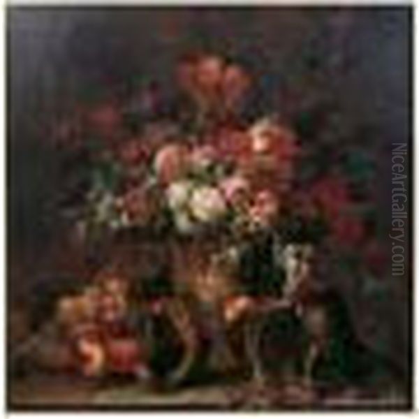 Bouquet De Fleurs, Coupe De Fruits Et Singe Sur Un Entablement Oil Painting by Gaspar-pieter The Younger Verbruggen