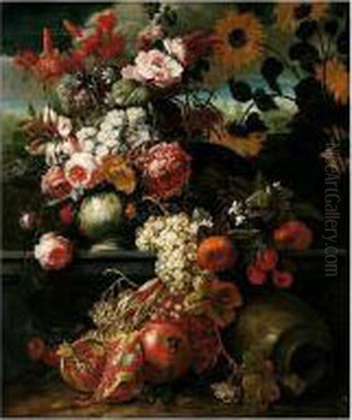 A Still Life Of Roses, Tulips, 
And Other Flowers In A Porcelain Vase, Together With Pomegranates, Plums
 And Grapes, In An Ornamental Landscape Oil Painting by Gaspar-pieter The Younger Verbruggen