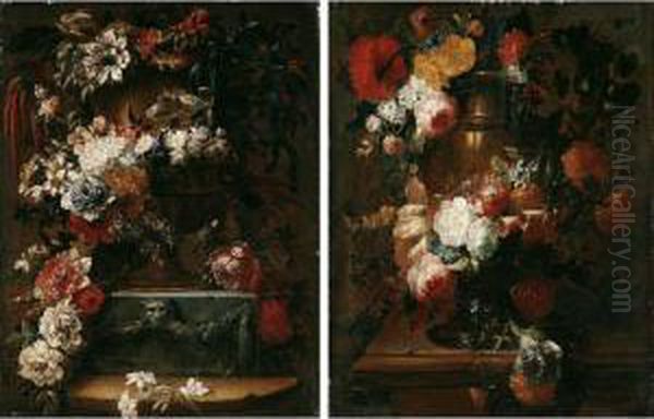 Still Lifes Of Flower Garlands Adorning Gilt Urns, Upon Marble Ledges Oil Painting by Gaspar-pieter The Younger Verbruggen