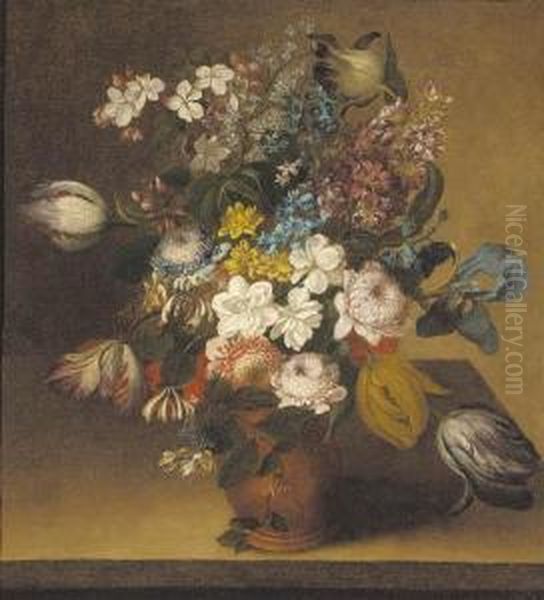 Honeysuckle, Irises, Stocks, Tulips, Chrysanthemums And Narcissi In A Vase On A Table Oil Painting by Gaspar-pieter The Younger Verbruggen