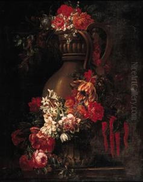 A Garland Of Flowers Decorating A Sculpted Urn On A Stone Ledge, Alandscape Beyond Oil Painting by Gaspar-pieter The Younger Verbruggen