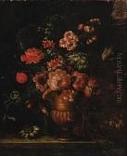 Roses, Honeysuckle, A Carnation And Other Flowers In A Gilt Urn, Ona Stone Ledge Oil Painting by Gaspar-pieter The Younger Verbruggen