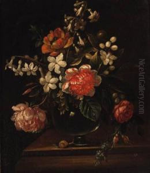 Flowers In A Glass Vase With A Snail On A Ledge Oil Painting by Gaspar-pieter The Younger Verbruggen