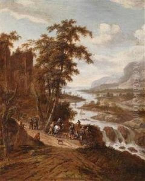 Eine Weite Flusslandschaft Mit Reisenden Oil Painting by Dionys Verburgh