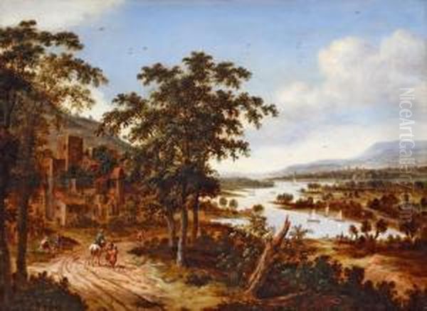 Flusslandschaft Mitreiter Und Rastenden by Dionys Verburgh