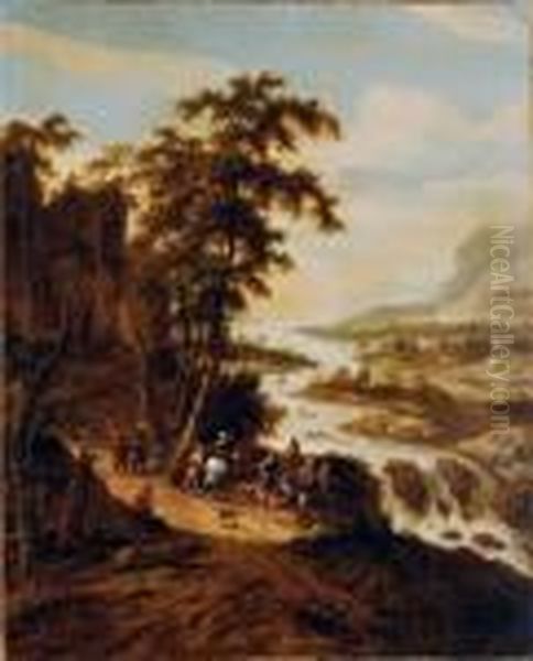 Travelers In A Panoramic River Landscape Oil Painting by Dionys Verburgh