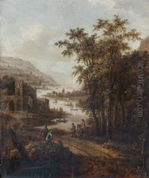 Paysage Fluvial Anime De Personnages Oil Painting by Dionys Verburgh