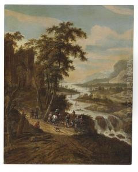 Travelers In A River Landscape Oil Painting by Dionys Verburgh