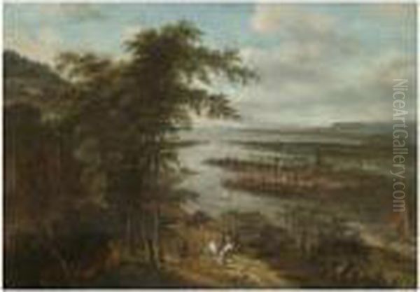 An Extensive River Landscape With Huntsmen In The Foreground, Atown Beyond Oil Painting by Dionys Verburgh