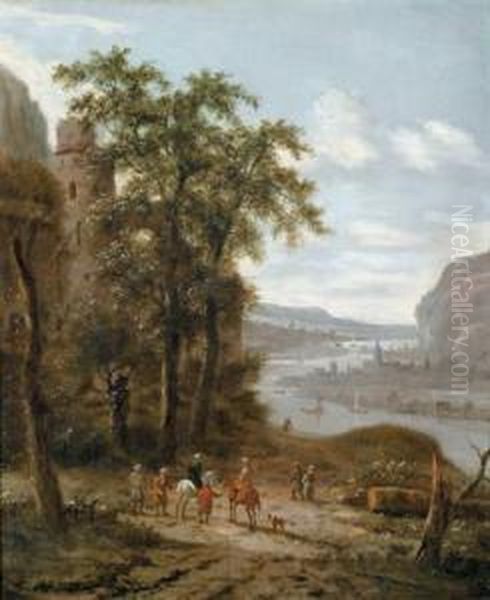 Ampio Paesaggio Fluviale Boschivo Con Vista Di Una Citta E Figure Oil Painting by Dionys Verburgh