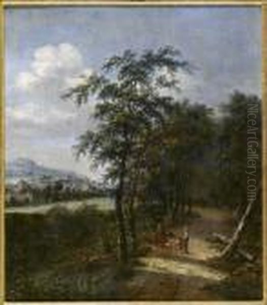 An Extensive Wooded Landscape With Figures On A Path. Oil Painting by Dionys Verburgh