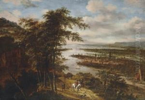 An Extensive River Landscape With Sportsmen On A Path, A Town Beyond Oil Painting by Dionys Verburgh