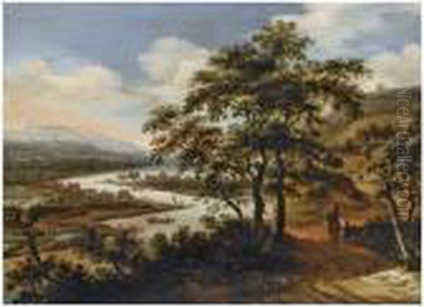 A River Landscape With A Horseman And A Traveller On A Path, A View Of A Town Beyond Oil Painting by Dionys Verburgh