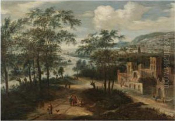 A River Landscape With Figures On A Track By A Ruined Monastery Oil Painting by Dionys Verburgh