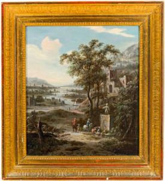 Ampio Paesaggio Fluviale Con Viandanti In Sosta Preso Una Fontana Oil Painting by Dionys Verburgh