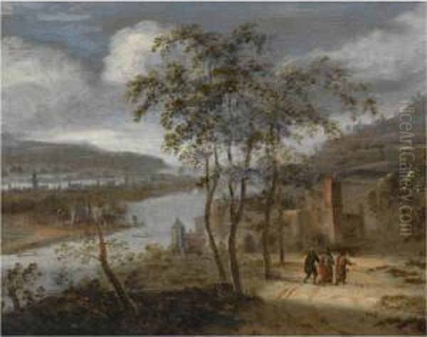 A River Landscape With The Road To Emmaus Oil Painting by Dionys Verburgh