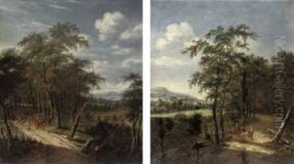 An Extensive Wooded Landscape 
With Travellers On A Track; And A Wooded Landscape With A Family On A 
Track, A Church Beyond Oil Painting by Dionys Verburgh