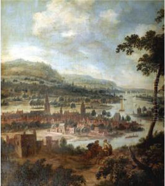 An Extensive River Landscape With Cavaliers Galloping In The Foreground Oil Painting by Dionys Verburgh