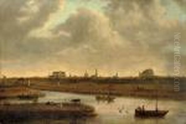 A View Of Leiden With Figures In Boats In The Foreground Oil Painting by Dionys Verburgh