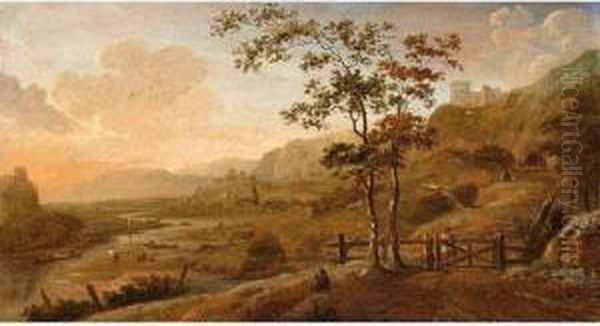 A River Landscape With A Figure 
Near A Fence And Fishermen Unloading The Catch, A Ruin In The Background Oil Painting by Dionys Verburgh