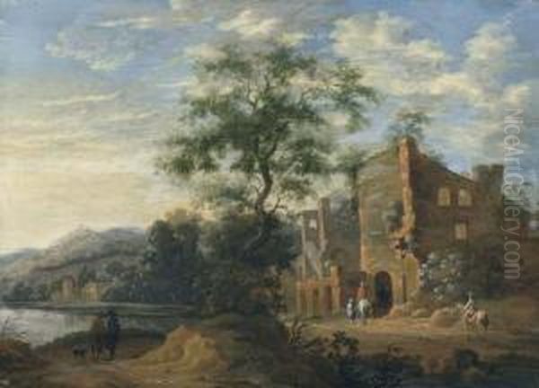 Landscape With Ruins And Figures. Oil Painting by Dionys Verburgh