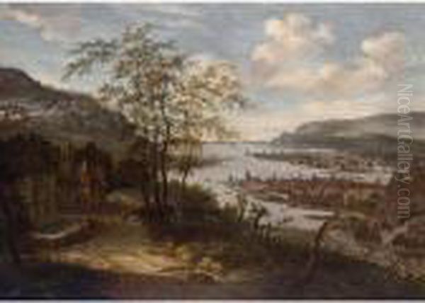 An Extensive River Landscape 
With Towns And Sailing Boats, Figures Near A Fountain On The Left And 
Mountains Beyond Oil Painting by Dionys Verburgh