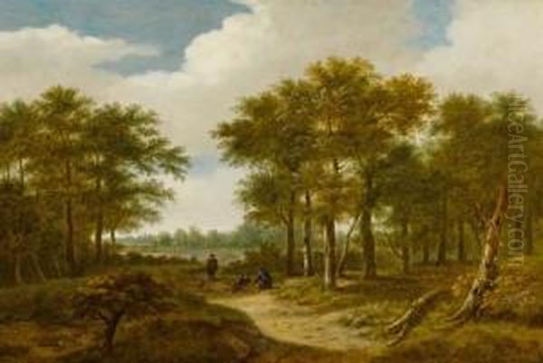 Wooded Landscape With Three Resting Herdsmen. Oil Painting by Dionys Verburgh