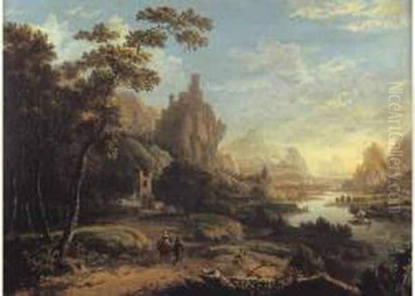 Promeneurs Dans Un Paysage De La Vallee Du Rhin Oil Painting by Dionys Verburgh