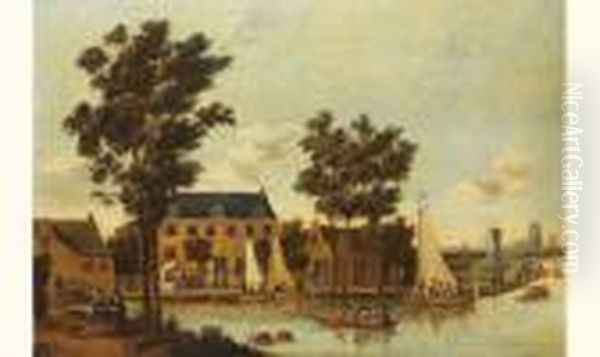 Vue D'une Ville Hollandaise Avec Un Canal Oil Painting by Dionys Verburgh