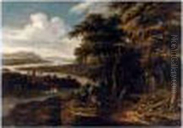 An Extensive River Landscape With Figures Resting Beside A Road Leading To A Cottage Oil Painting by Dionys Verburgh