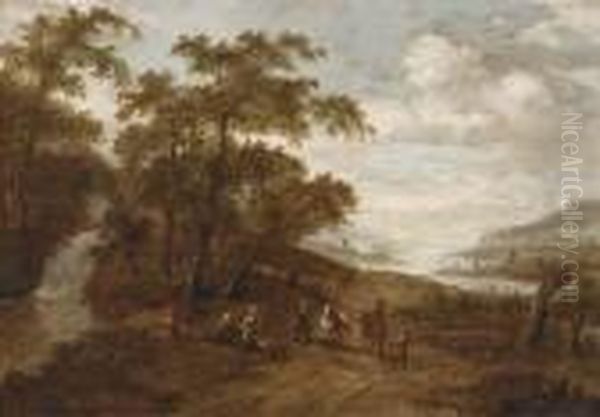 A Wooded Landscape With Travellers By A Waterfall, A River Valleybeyond by Dionys Verburgh