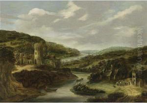 An Extensive Rhenish Landscape With A Fortified Tower And A View Of A Village Beyond Oil Painting by Dionys Verburgh