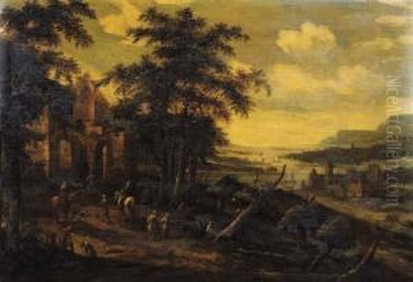 Travellers And Peasants On A Road By A Ruined Mansion, A Valley Beyond Oil Painting by Dionys Verburgh