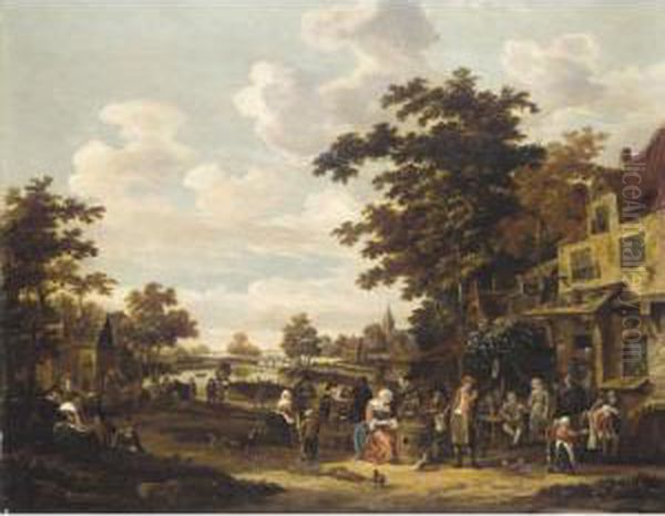 A Village Landscape With Revellers Outside An Inn Oil Painting by Rutger Verburgh