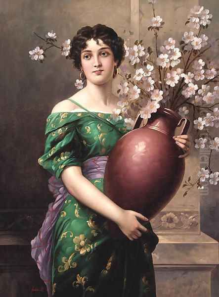 A Lady Holding A Vase Of Flowers Oil Painting by Mihaly Fodor