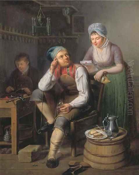 A shoemaker and a cobbler at work, a lady reading a letter nearby Oil Painting by Pieter Fontijn