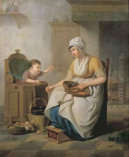 A small child in a high chair with a servant cleaning vegetables seated nearby, in a kitchen interior Oil Painting by Pieter Fontijn