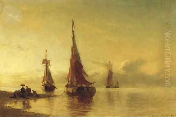 Moored sailing vessels by a coast at dusk Oil Painting by Viggo Fauerholdt