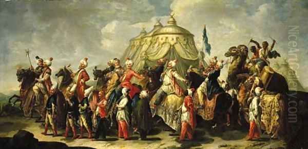 A triumphal procession of men in turban and oriental clothes Oil Painting by Francesco Fontebasso